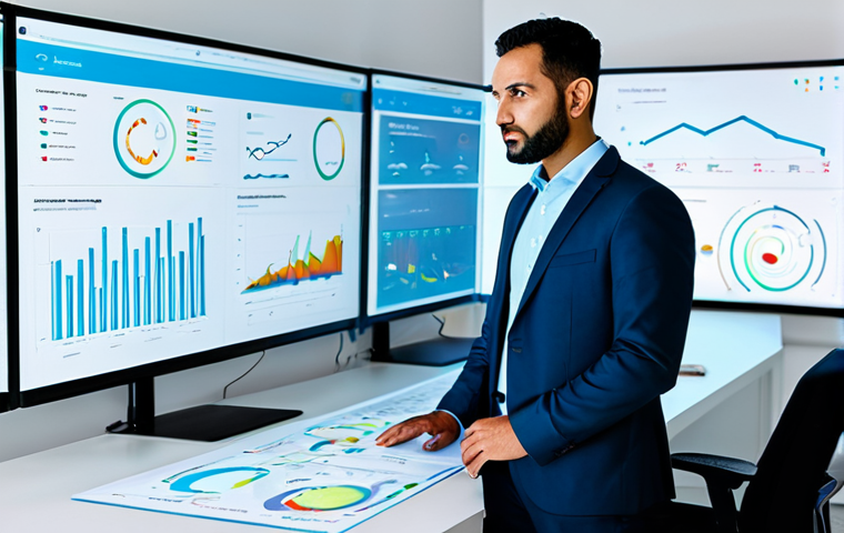 A focused male digital marketing professional, of Arab descent, in his mid-30s, wearing a modest, dark business suit and a light blue collared shirt. He stands within a sleek, modern, brightly lit office, engaging with multiple translucent holographic data screens displaying complex algorithms, customer journey maps, and personalized marketing insights with subtle Arabic script. The scene emphasizes data visualization and AI integration. The background features other diverse, professional colleagues working collaboratively at clean desks. Perfect anatomy, correct proportions, natural pose, well-formed hands, proper finger count, natural body proportions, professional studio lighting, high resolution, ultra-detailed, safe for work, appropriate content, fully clothed, professional, modest attire, family-friendly.