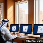 디지털 광고 광고비 절감을 위한 팁 - A modern digital marketing office scene set in an Arab country, featuring a diverse team of professi...