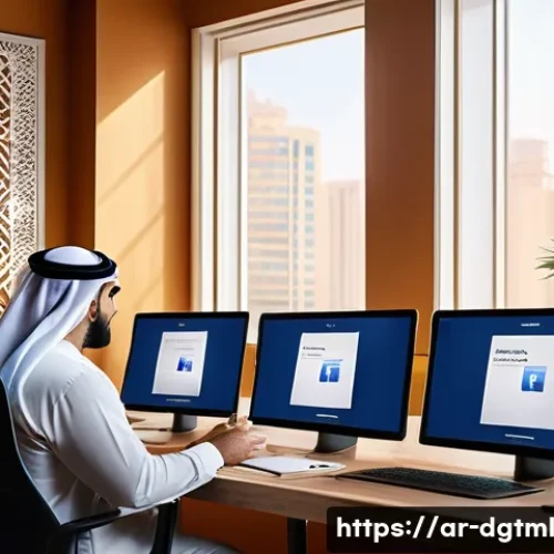 디지털 광고 광고비 절감을 위한 팁 - A modern digital marketing office scene set in an Arab country, featuring a diverse team of professi...