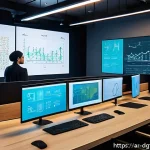 디지털 광고 타겟팅을 위한 데이터 분석 기법 - A modern digital marketing analyst workspace set in a sleek office with Arabic calligraphy art on th...