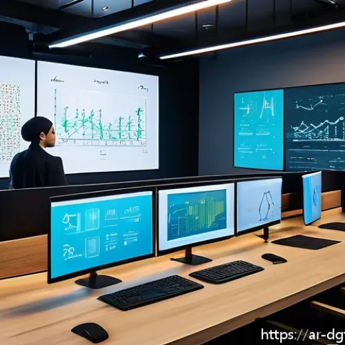 디지털 광고 타겟팅을 위한 데이터 분석 기법 - A modern digital marketing analyst workspace set in a sleek office with Arabic calligraphy art on th...