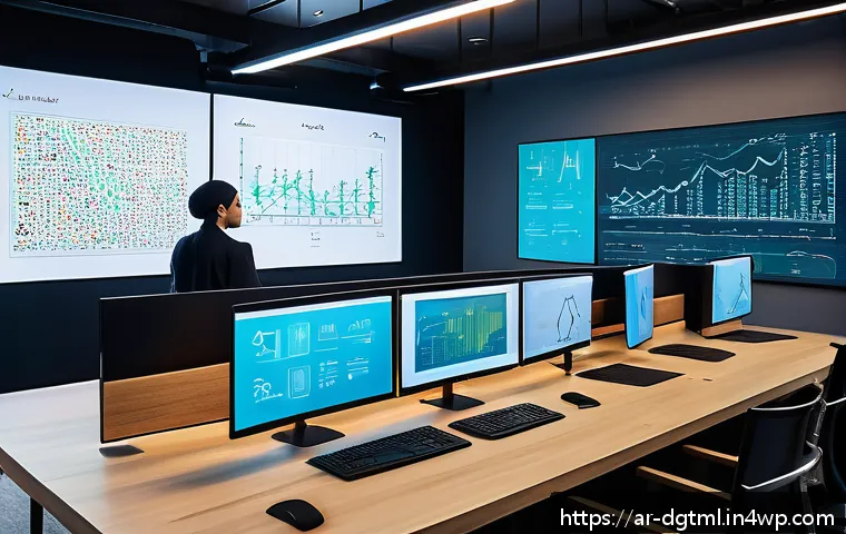 디지털 광고 타겟팅을 위한 데이터 분석 기법 - A modern digital marketing analyst workspace set in a sleek office with Arabic calligraphy art on th...