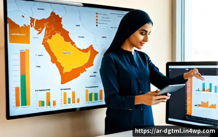 Home 15 디지털 광고 성과 분석을 통한 전략 개선 - Photorealistic Middle Eastern marketing analyst in modest professional attire reviewing digital adve...