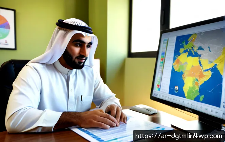 디지털 광고 타겟팅에서의 세분화 기법 - Photorealistic modern digital marketing workspace in an Arab city, an Arab marketing professional in...